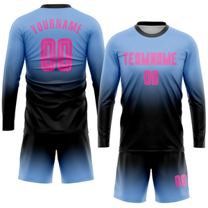 Custom Light Blue Pink-Black Sublimation Long Sleeve Fade Fashion Soccer Uniform Jersey