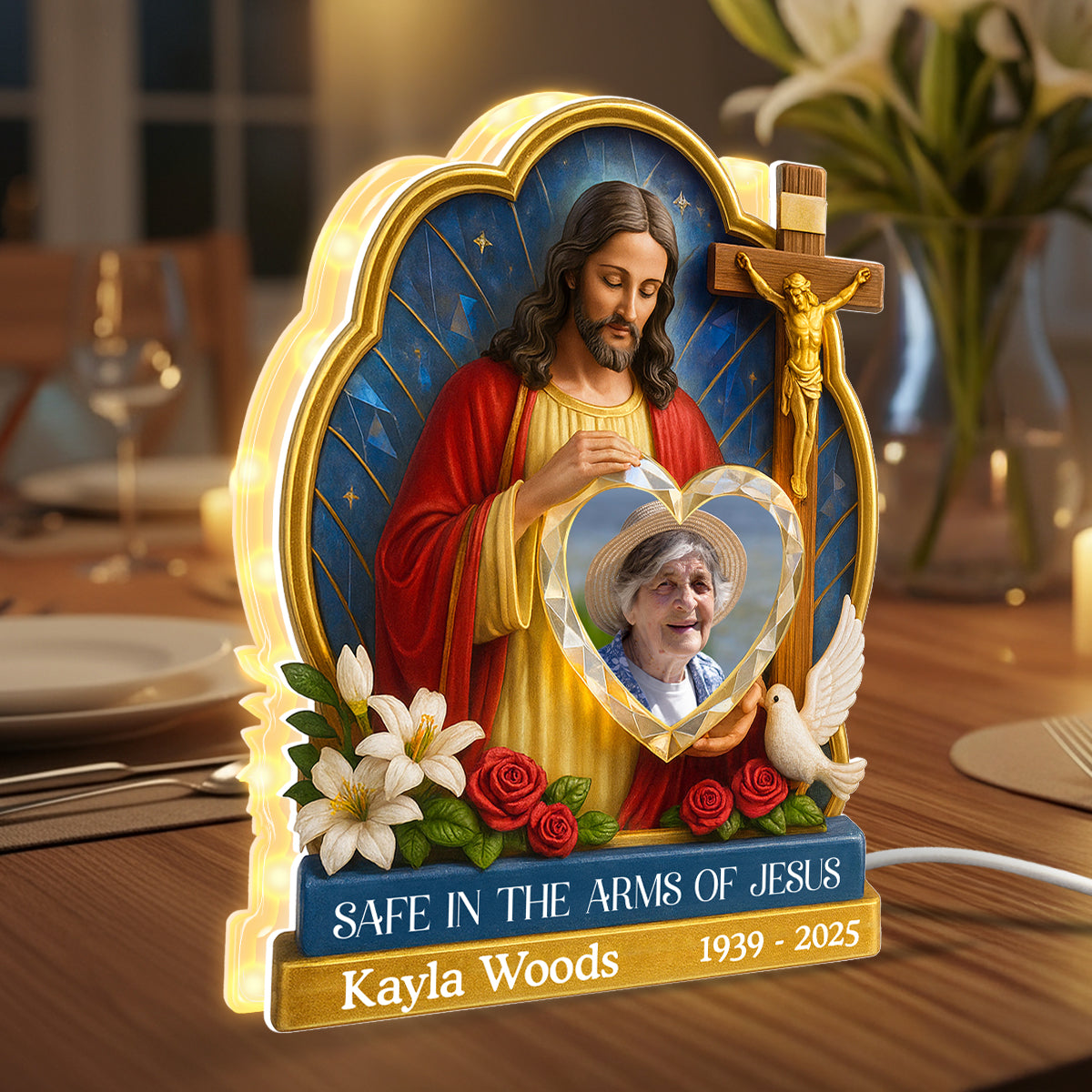 Safe In The Arms Of Jesus Custom Photo - Personalized Acrylic Light Box - Christmas Memorial Remembrance Keepsake
