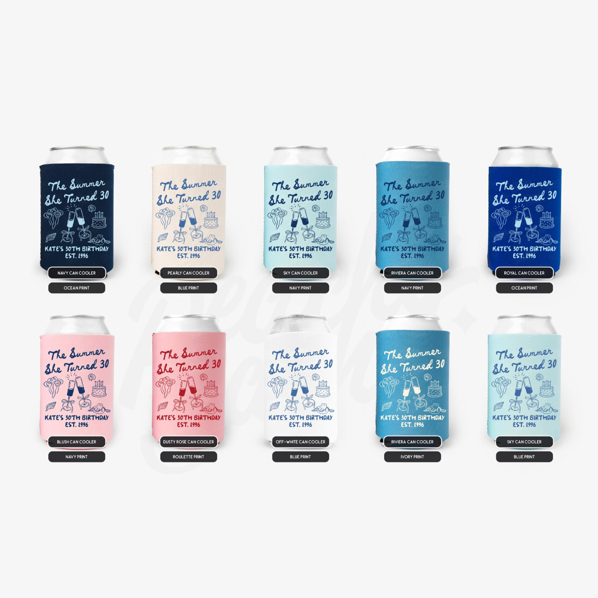 The Summer I Turned Thirty Birthday Can Coolers, 30th, 40th, 50th Birthday Personalized Can Sleeves, Beach Coastal Birthday Party Favors