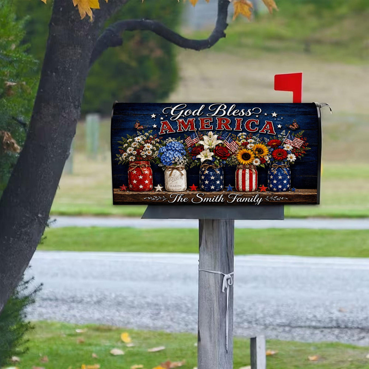 Personalized God Bless America Mailbox Cover, Patriotic Floral Mason Jar Custom Family Mailbox Wrap, 4th of July Yard Decor