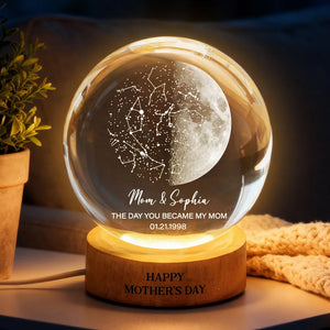 Custom Moon Phase & Star Map by Date Engraved Wooden Base - Personalized Crystal Ball LED Night Light - Gift for Mom, Mother's Day Gift