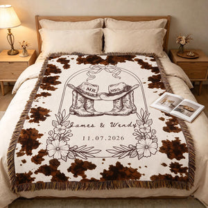 Personalized Wedding Gift Blanket - Rustic Western Mr and Mrs Blanket with Cow Boots Design - Custom Date Anniversary Present for Couples