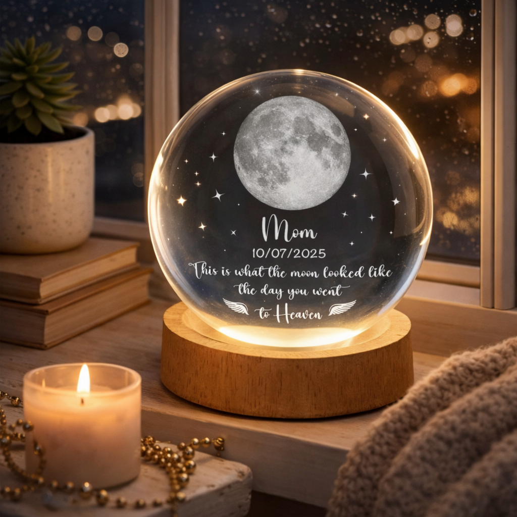 The Moon On The Day You Went To Heaven - Personalized Crystal Night Light - Moon Phase Memorial Gift