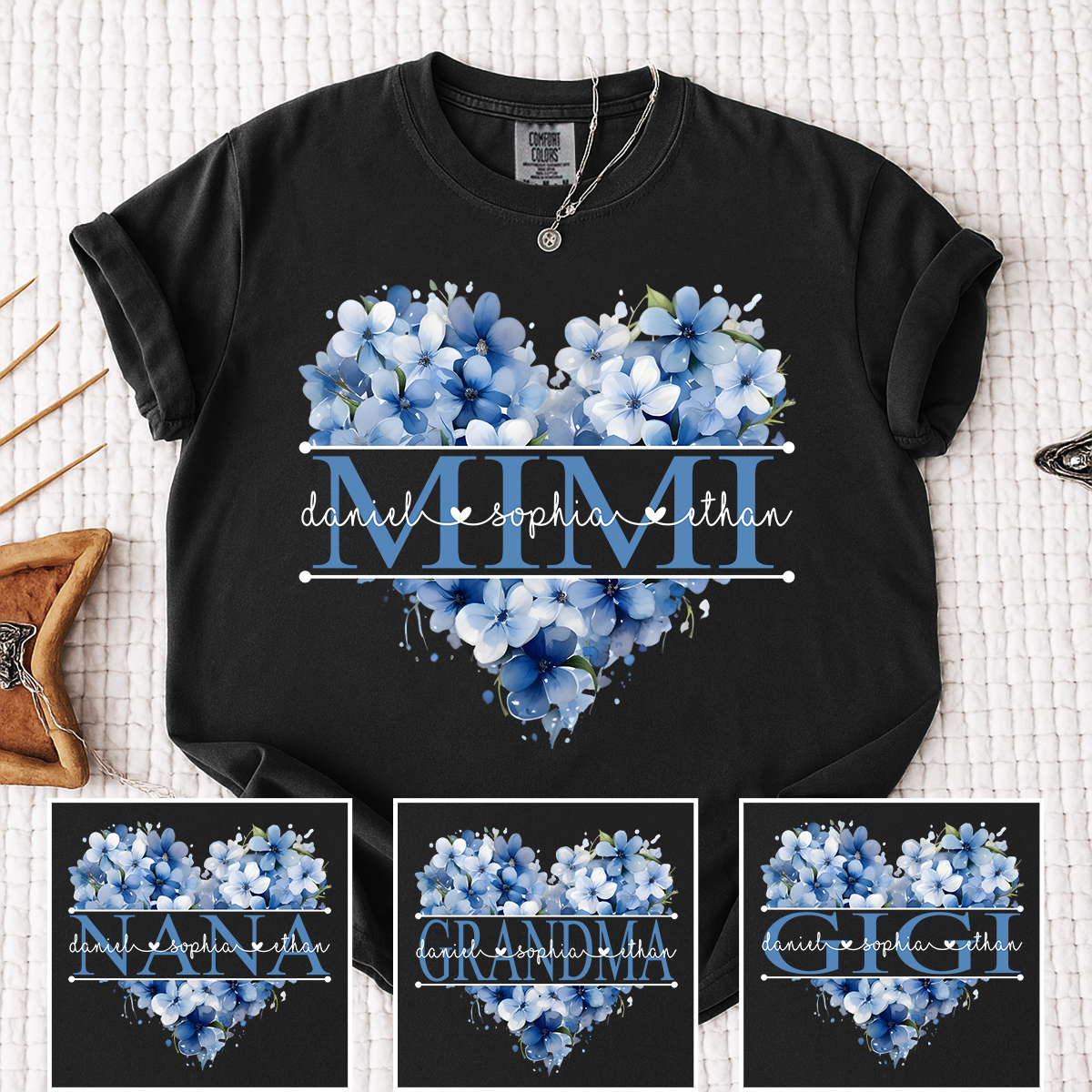 Personalized Mimi Shirt with Blue Floral Heart Design, Custom Grandma Mother Gift with Grandkids Name