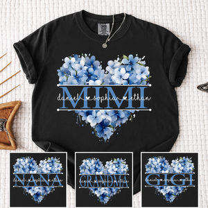 Personalized Mimi Shirt with Blue Floral Heart Design, Custom Grandma Mother Gift with Grandkids Name