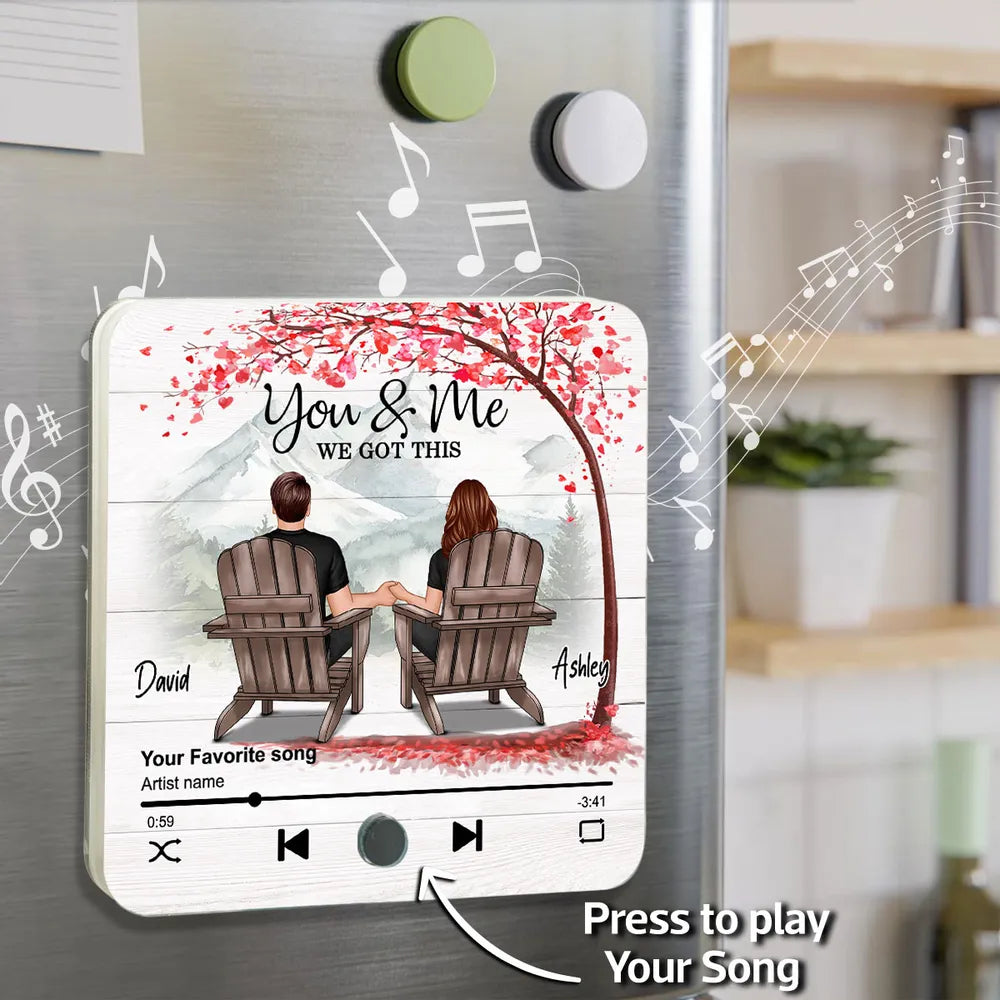 Romantic Mountain Landscape with Blossom Tree Sitting Couple - Personalized Music Magnet - Valentine's Day Gift For Couple