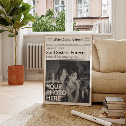 Custom Newspaper Print, Personalized Best Friends Wall Art, Retro Bestie Birthday Gift, Friendship Gift, Roommate Decor, Girl Dorm Decor