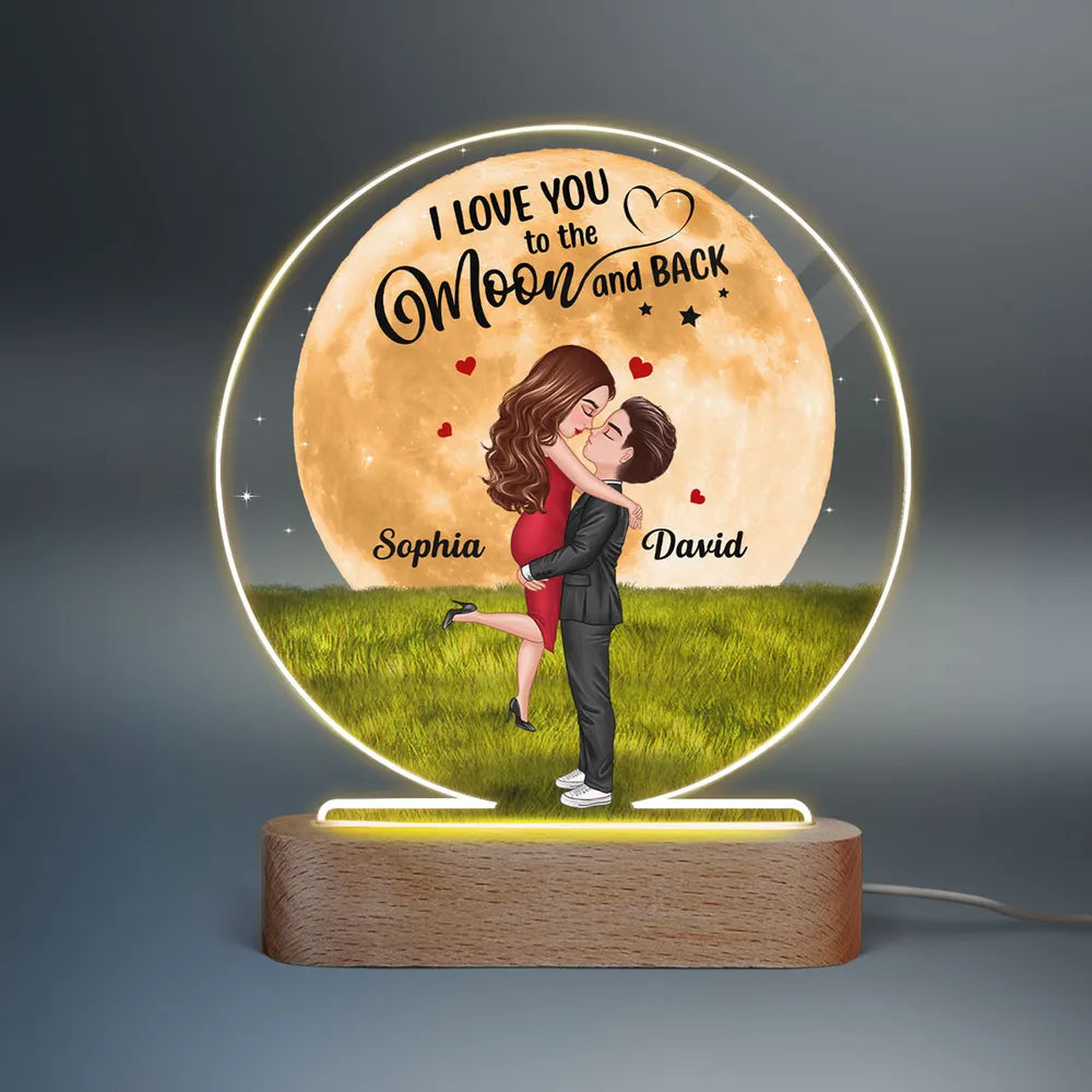 Big Moon Hugging Couple - Personalized LED Light Wooden Base - Valentine's Day Gift For Couple