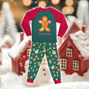 Personalized Gingerbread Christmas Pajamas Set, Custom Name Gingerbread Xmas Cookies Long Sleeve Two Piece, Family Christmas Loungewear Set
