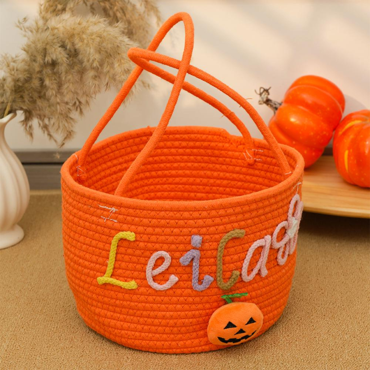 Personalized Halloween Treat Bag with Name - Custom Trick or Treat Basket, Embroidered Candy Tote, Halloween Gift for Kids