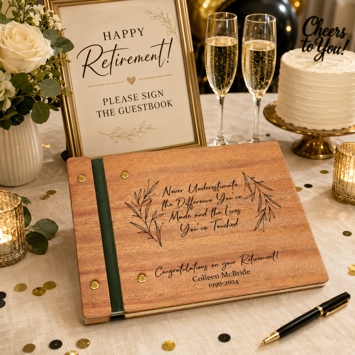 Custom Engraved Retirement Guestbook | Personalized Retirement Gift for Him & Her | Wooden Memory Book