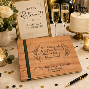 Custom Engraved Retirement Guestbook | Personalized Retirement Gift for Him & Her | Wooden Memory Book