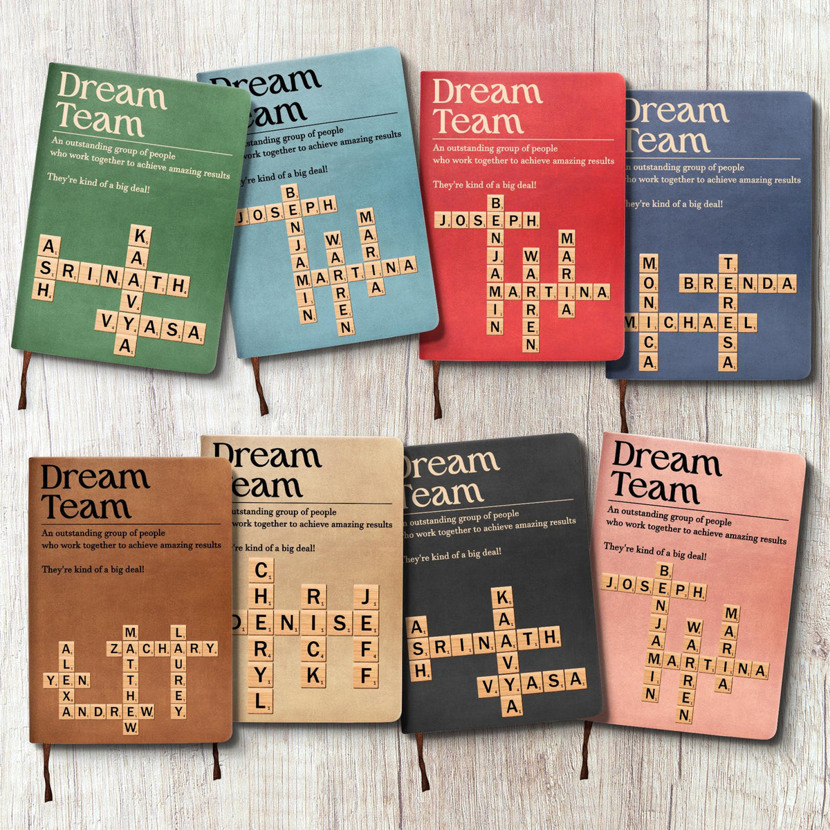 Personalized Dream Team Leather Journal with Custom Scrabble Names, Employee Appreciation Office Notebook Gift, Gift For Coworker