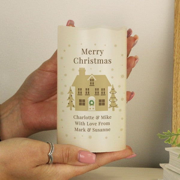 Festive Village Merry Christmas - Custom LED Flameless Candle - Christmas Gift For Couple, Family, Friends