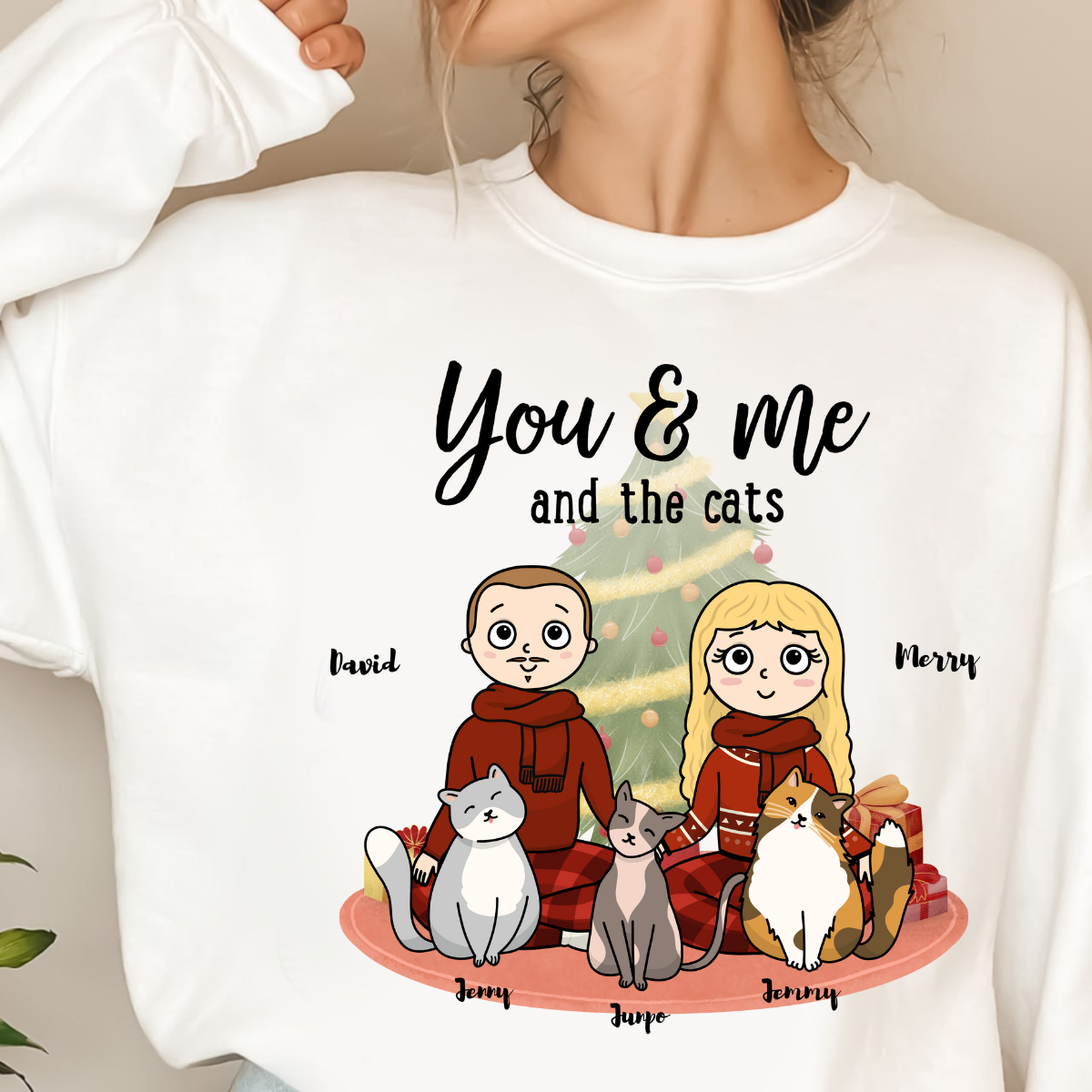 You, me & the cats Christmas Tree Personalized Sweatshirt Christmas Gift For Cat Lovers Custom Cat Breed Cat Dad Cat Mom Winter Season Gift