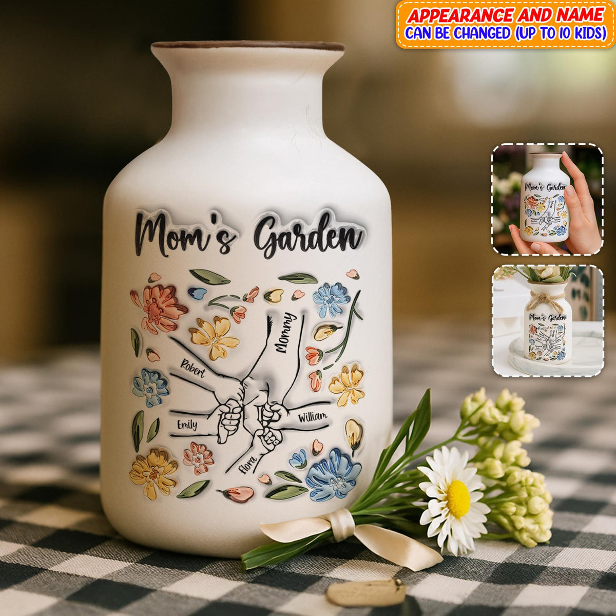 Personalized Mom's Garden Vase, Custom Kid Name Flower Jar, Mother's Day Gift, Family Flower Pot, Unique Mom Decor