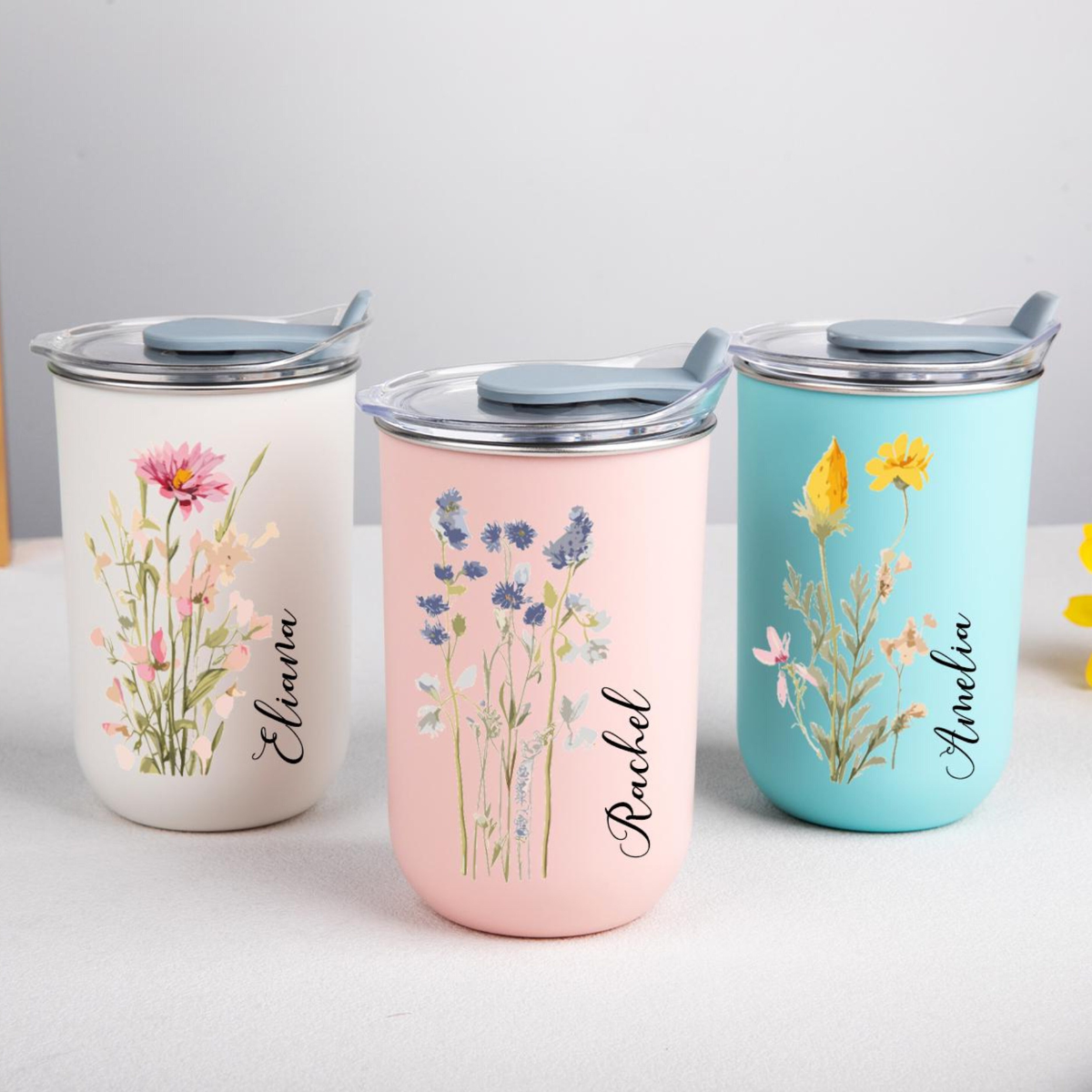 Personalized Floral Stainless Steel Tumbler, Bridesmaid Wedding Travel Cup 10oz, Gift For Her