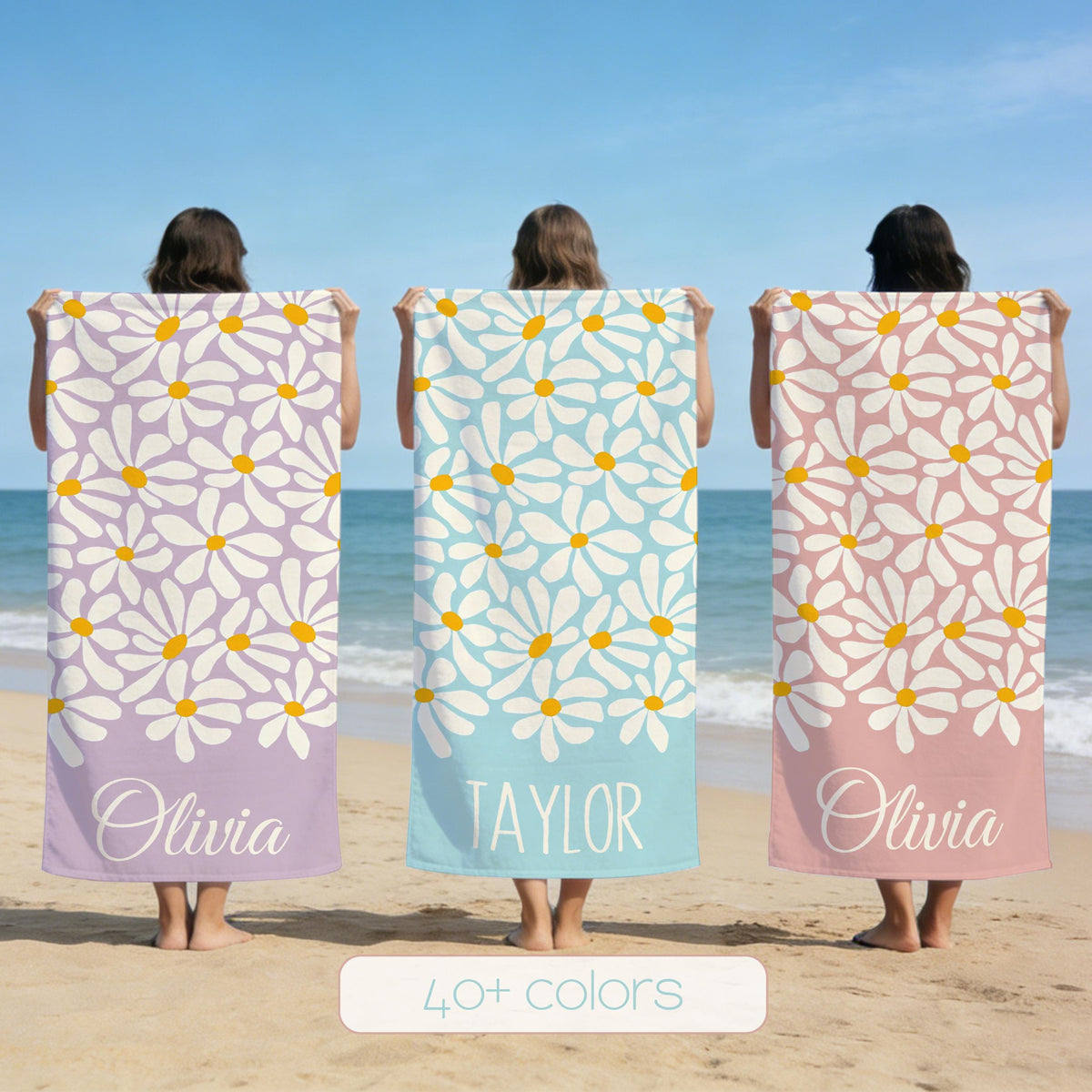 Personalized Daisy Floral Beach Towel, Custom Name Pool Towel for Girls, Bithday Party Gift For Kids, Tropical Vacation Gift, Beach Lover's Gift