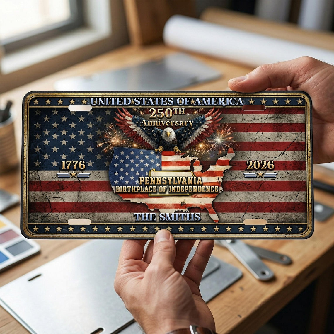 Personalized USA Flag Cut Metal Sign, 250th Anniversary Patriotic Decor, Patriotic Gift For Family