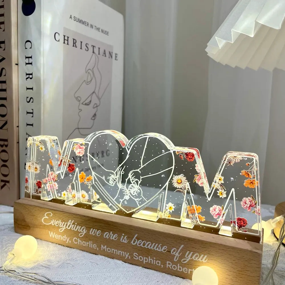 Mom Holds Kids Hands Everything We Are Is Because Of You - Personalized 3D LED Light Wooden Base - Gift For Mom, Mother's Day Gift
