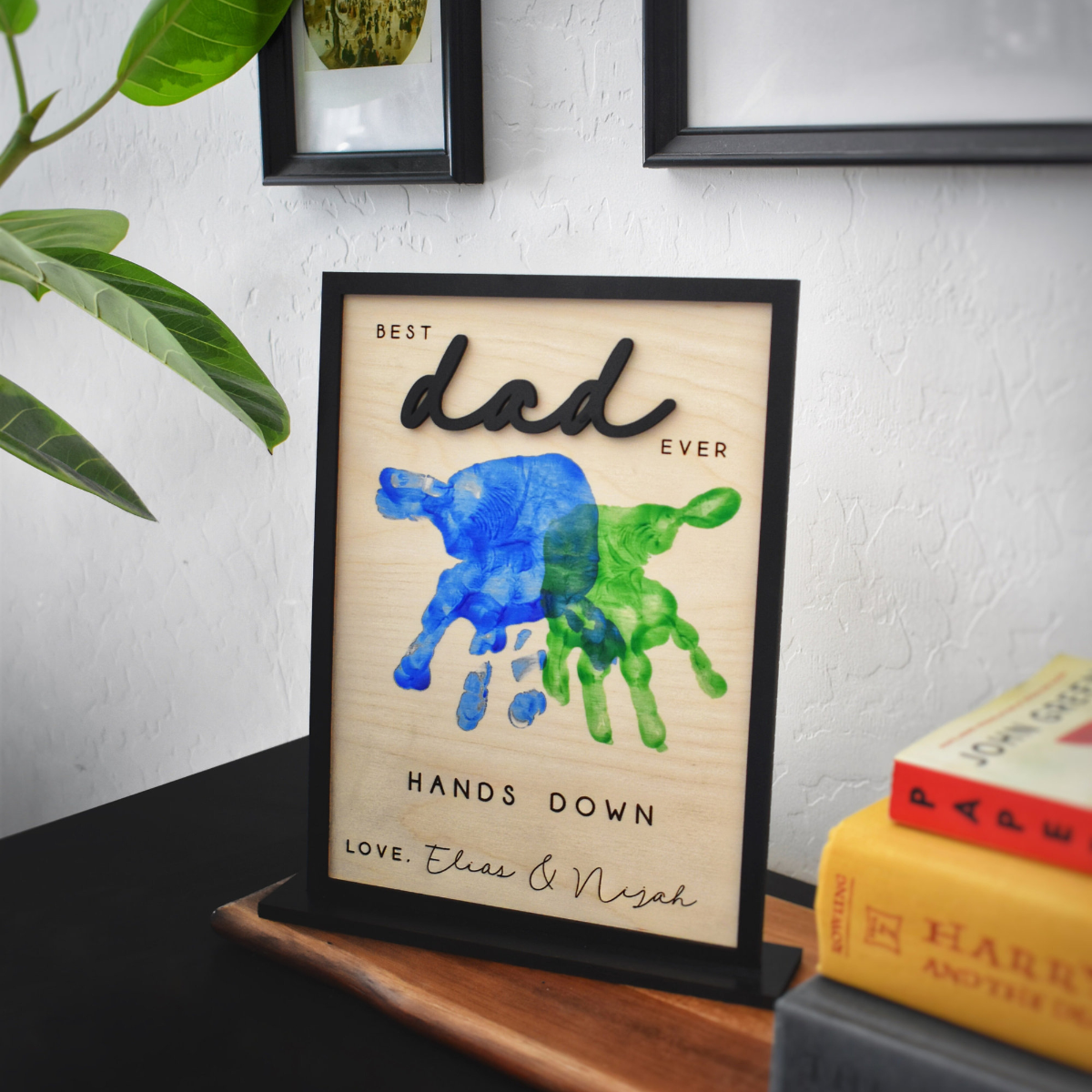 Hands Down Best Dad Ever, Personalized Engraved Wooden Sign, Celebrate Dad with Handprints and Custom Message, Handmade Fathers Day Gift