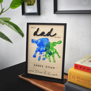 Hands Down Best Dad Ever, Personalized Engraved Wooden Sign, Celebrate Dad with Handprints and Custom Message, Handmade Fathers Day Gift