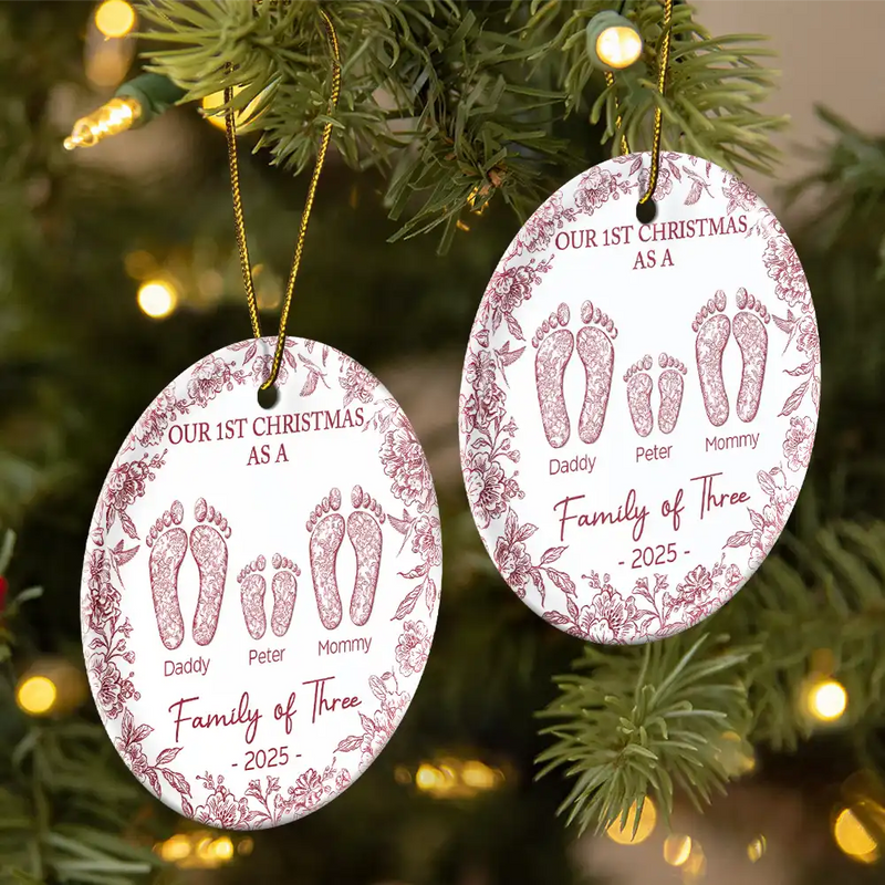 First Christmas As A Family Of Four Toile Footprints - Personalized Ornament - Gift For Family