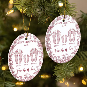 First Christmas As A Family Of Four Toile Footprints - Personalized Ornament - Gift For Family