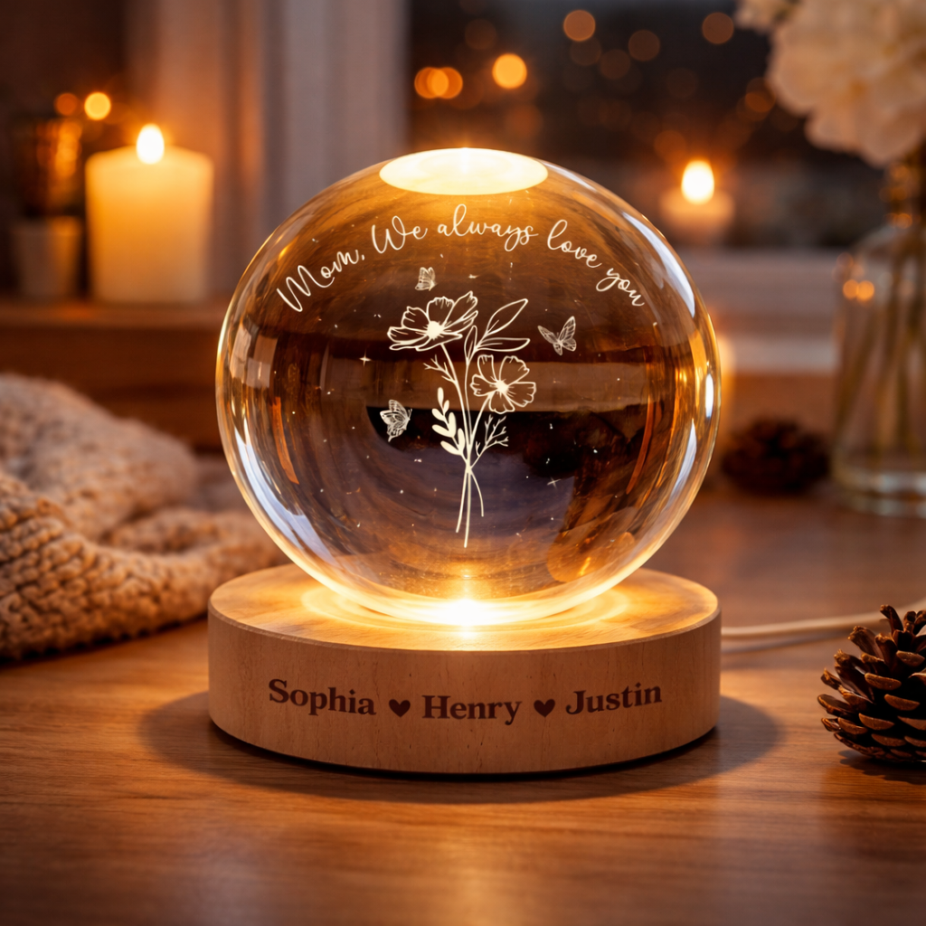 Personalized Birth Month Flower Gifts for Mom, Custom Crystal Ball Night Light, Mom Birthday Gift, Grandma Gift from Kids, Birth Flower Gift