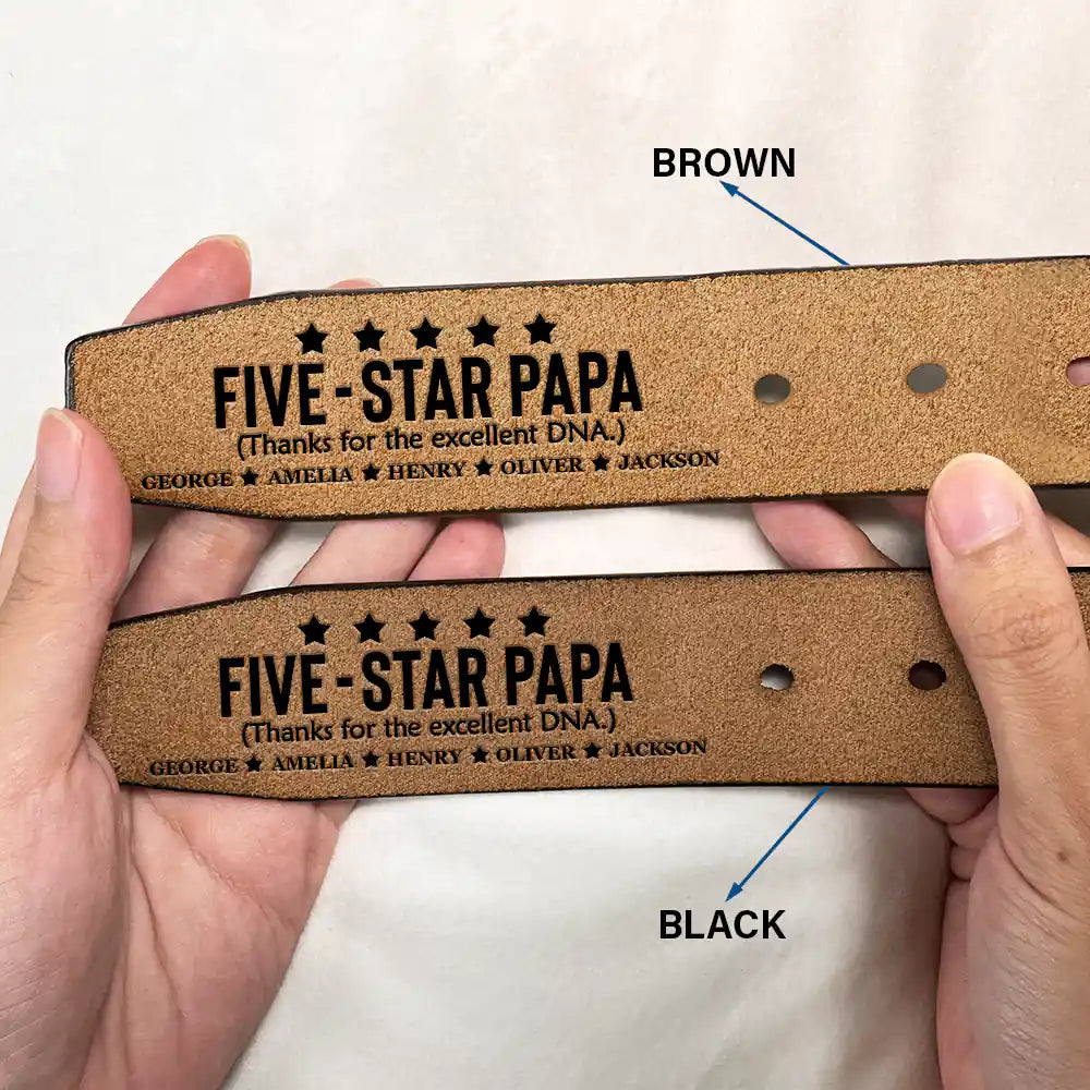 Five - Star Dad Thanks For The Excellent DNA - Personalized Engraved Leather Belt - Gift For Dad On Father's Day