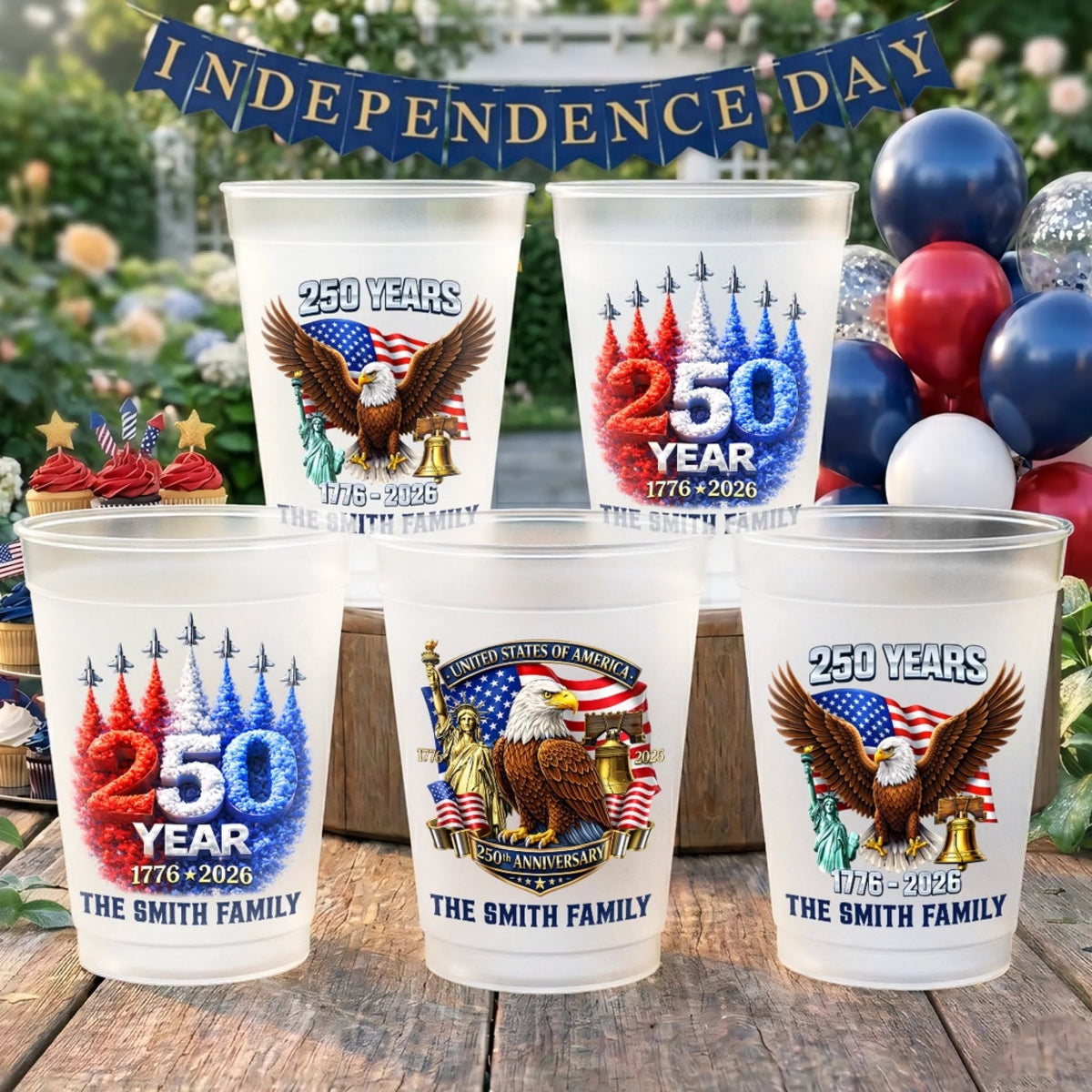 Personalized Freedom Anniversary Frosted Cup, Custom Family Name Patriotic Party Drinkware
