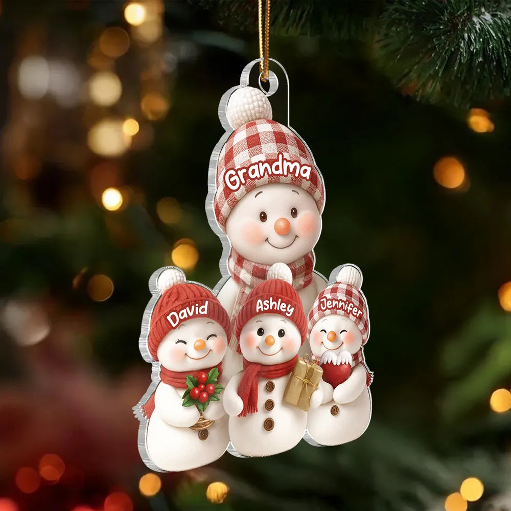 Christmas Holiday Snowman Grandma and Grandkids - Personalized Acrylic Ornament - Christmas Gift for Grandma, Grandkids