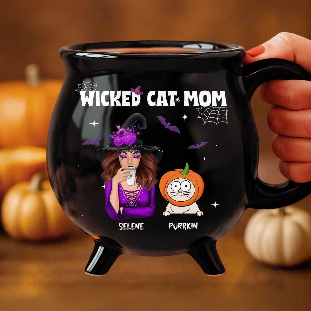 Wicked Cat Mom - Personalized Halloween Black Ceramic Witch Mug - Gift For Cat Mom, Halloween Gift For Cat Lovers