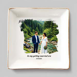 Personalized Proposal Photo Jewelry Dish - Custom Vector Illustrated Engagement Keepsake Ring Tray with Names & Engaged Date