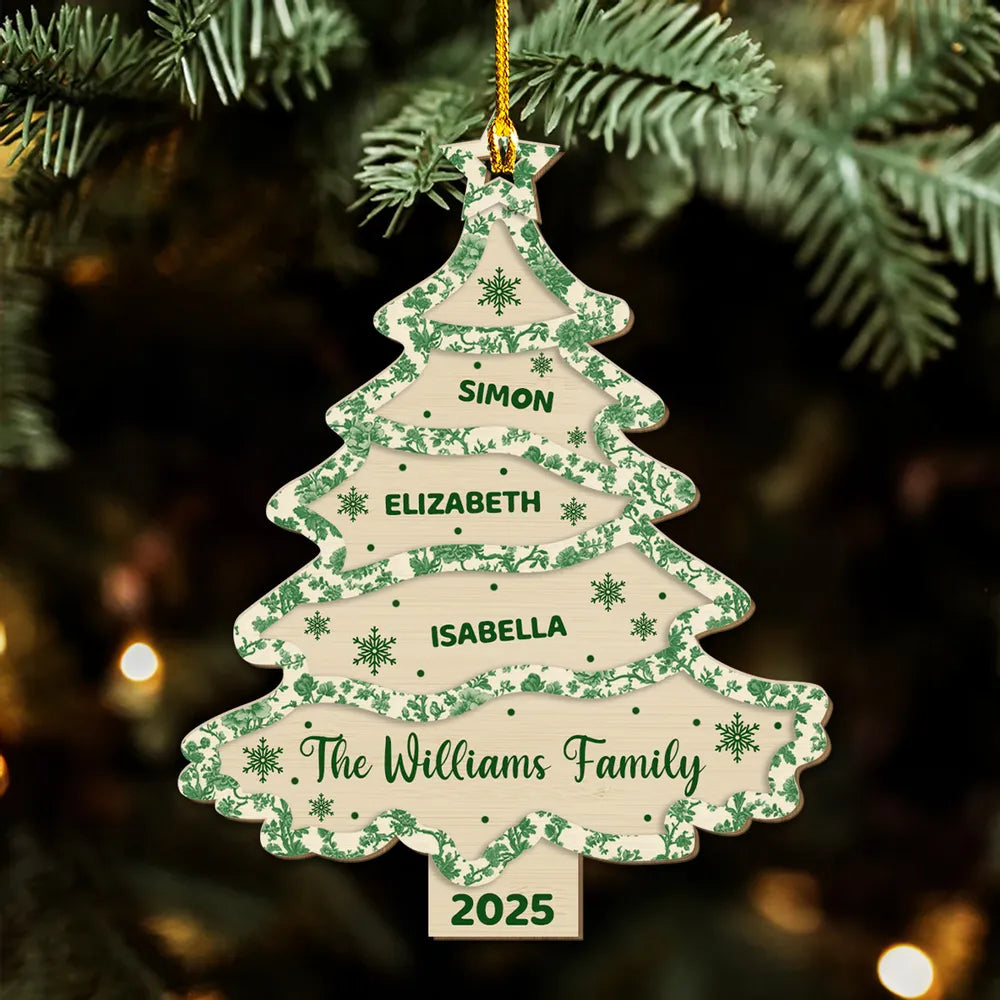 Family Names Christmas Tree Toile De Jouy - Personalized Wooden Ornament - Christmas Gift For Family