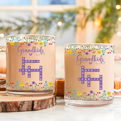 Grandkids Purple Crossword Wildflower Pattern - Personalized Glass Mug - Gift For Grandma Mom, Mother's Day, Birthday Gift
