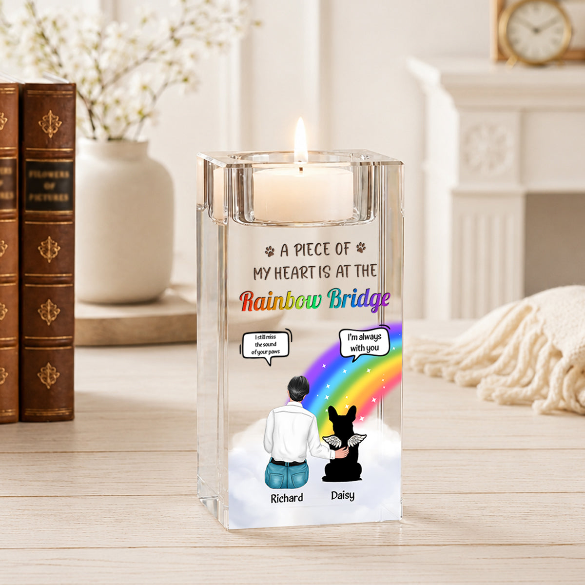 A Piece Of My Heart Is At The Rainbow Bridge - Personalized Crystal Candle Holder