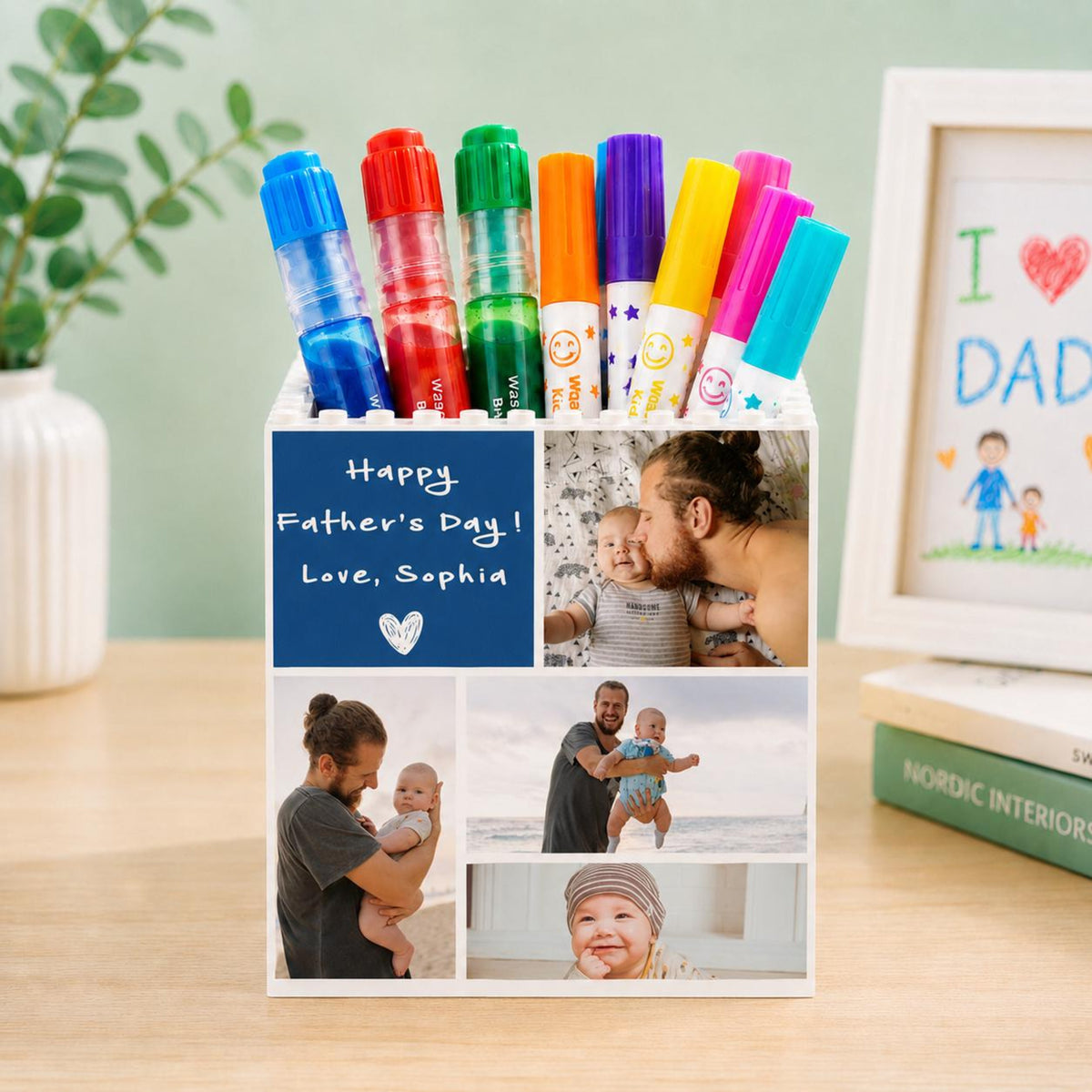 Custom Unique Gift for Dad, Photo Collage Building Block Pen Holder, Dad And Me Photo Blocks, Gift For Husband, Bricks Puzzle Fathers Day