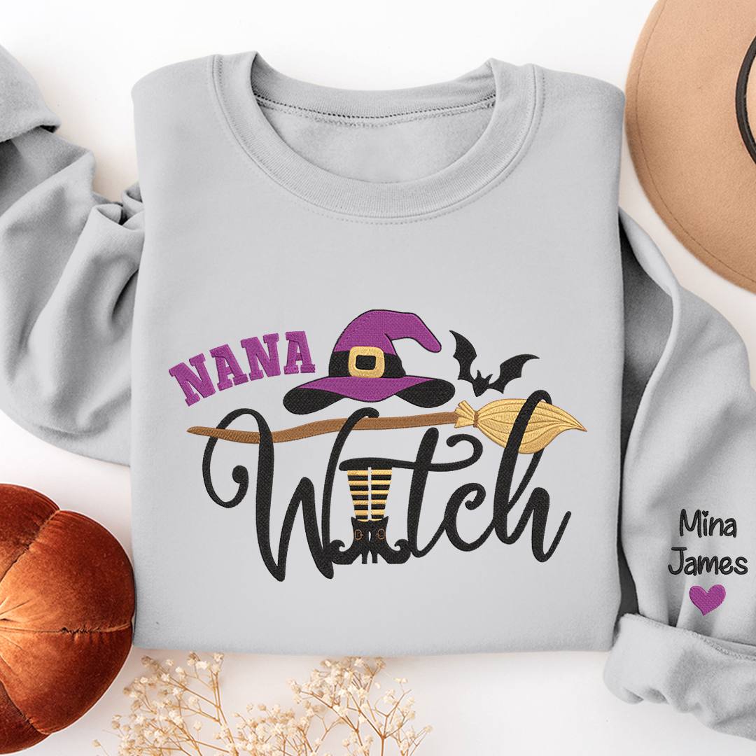 Nana Witch Sweatshirt, Custom Grandma & Kids Halloween Gifts, Gift For Grandma Embroidered Sweatshirt