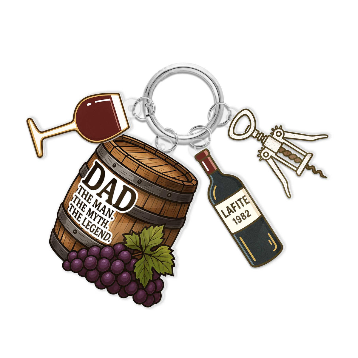 Dad The Man The Myth The Legend Keychain Gift, Wine Lover Charm Key Ring with Barrel, Corkscrew, Glass & Bottle, Father's Day Gifts
