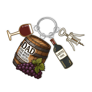 Dad The Man The Myth The Legend Keychain Gift, Wine Lover Charm Key Ring with Barrel, Corkscrew, Glass & Bottle, Father's Day Gifts