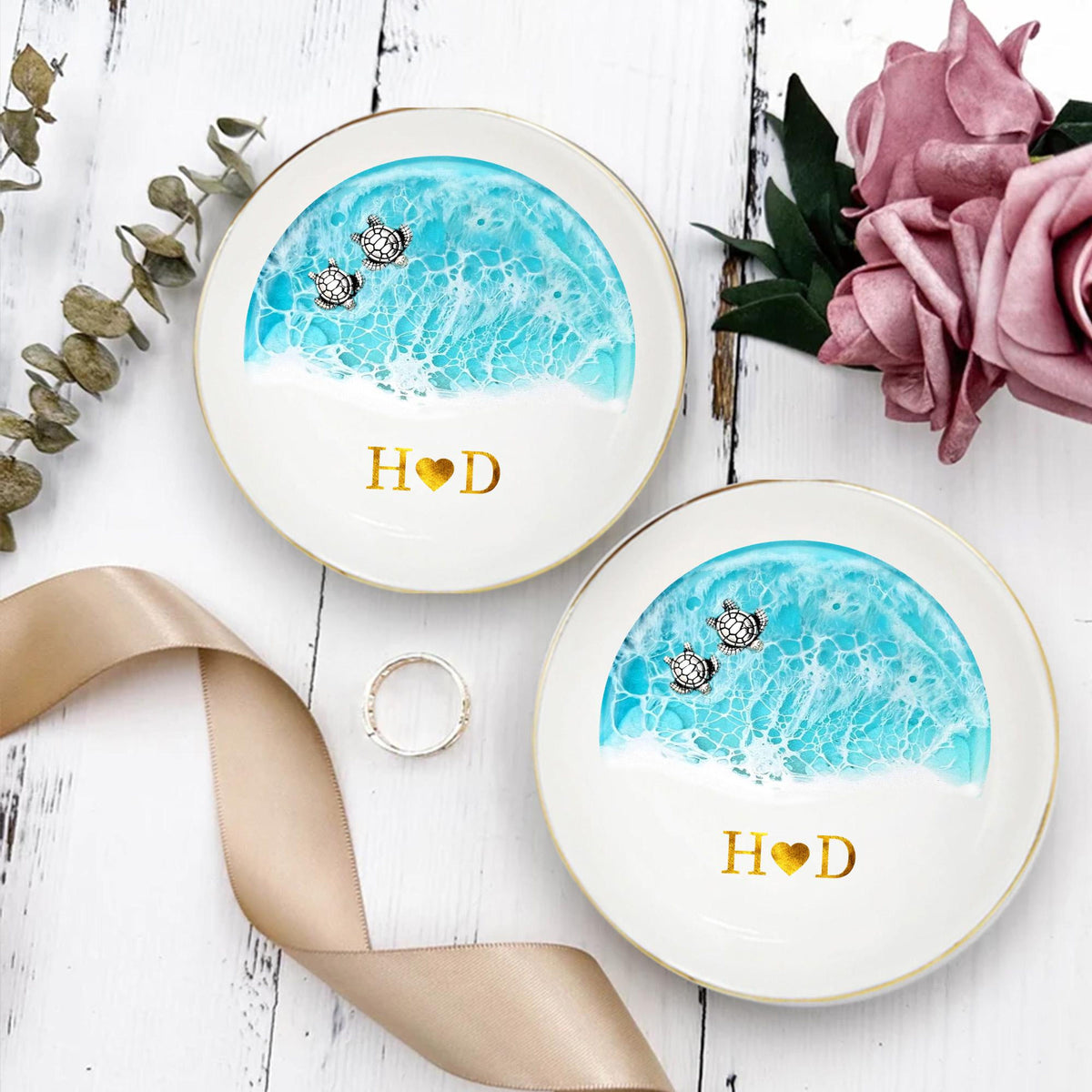 Custom Sea Turtle Couple Ring Dish, Wedding Anniversary Gift, Ocean Jewelry Tray, Engagement Gift, Couples Gift, Wedding Party Favors