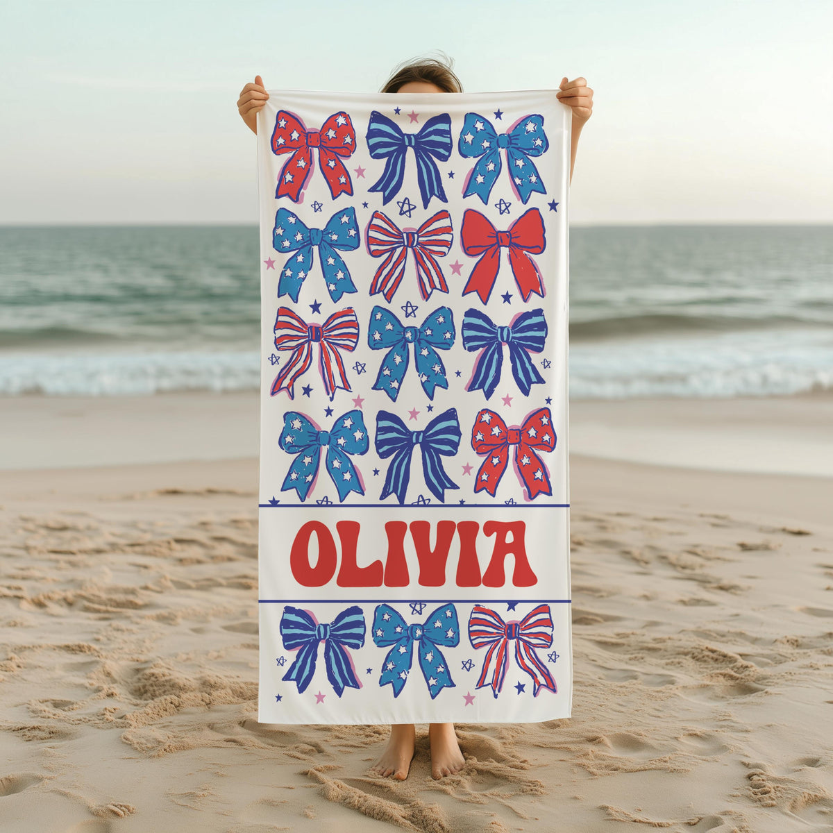 Personalized Patriotic Bow Beach Towel, Custom Name USA Stars & Stripes Design, 4th of July Summer Gift for Girls, Red White Blue Towel