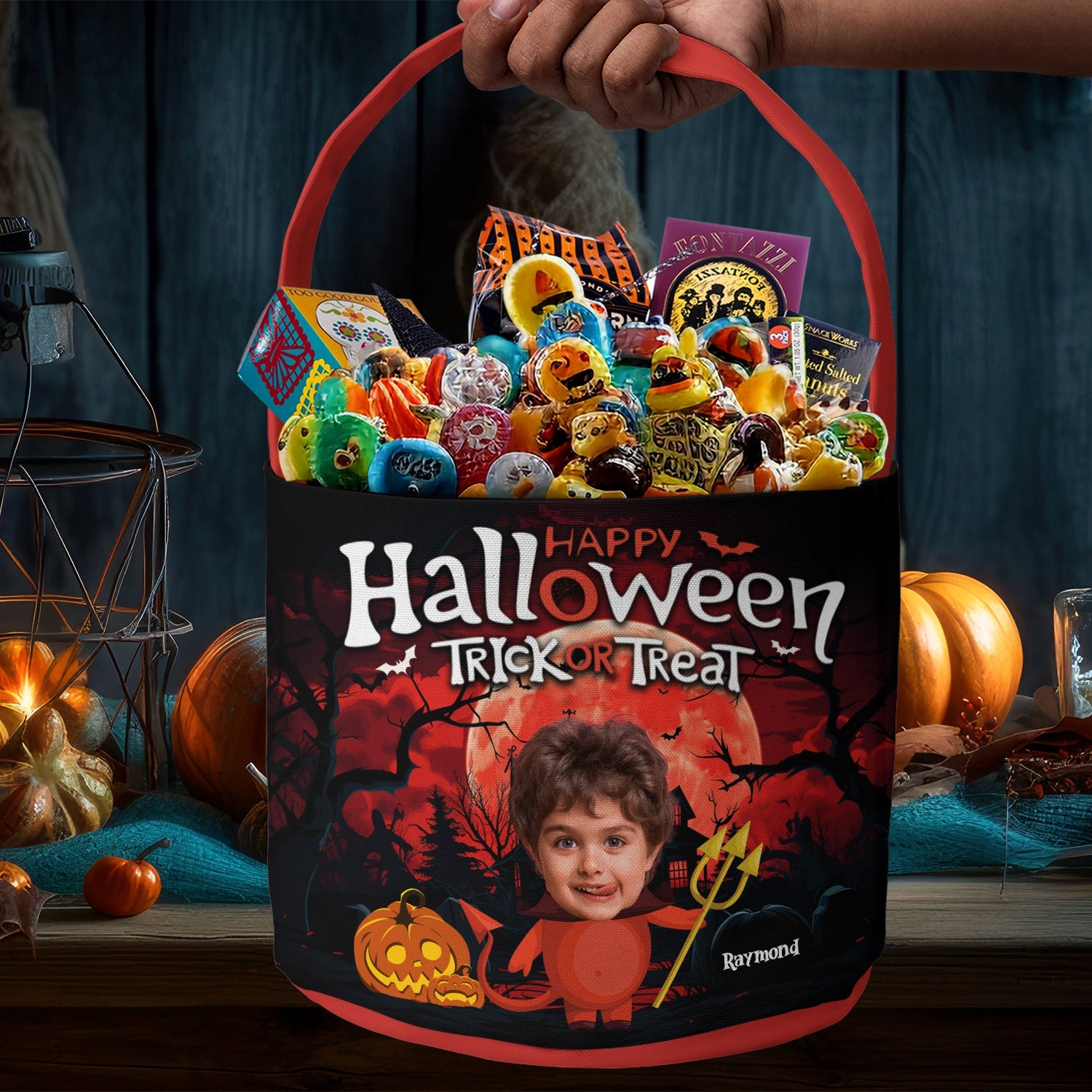 Happy Halloween Trick Or Treat Custom Kid's Face - Personalized Halloween Fabric Basket - Halloween Gift For Kids