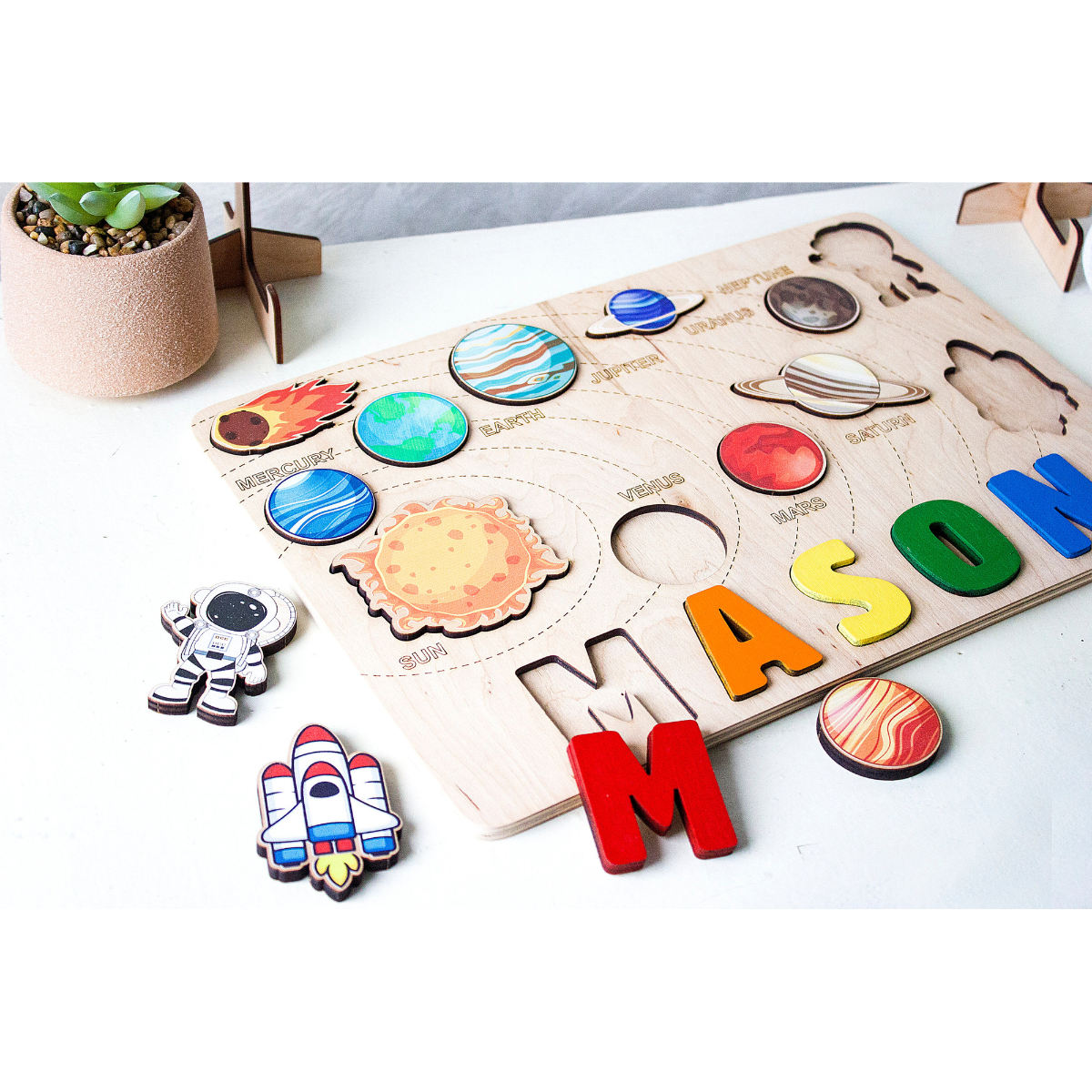 Solar System Baby Name Puzzles, Wooden Kids Space Puzzle, Children Birthday Gift, Space Theme Nursery Decor, Custom Gift For Baby Shower