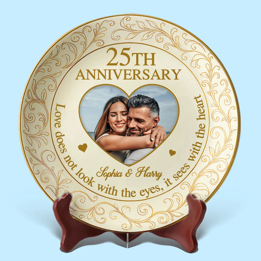 Love Sees With The Heart Custom Couple Photo - Personalized Ceramic Plate - Gift For Husband Wife, Anniversary Gift