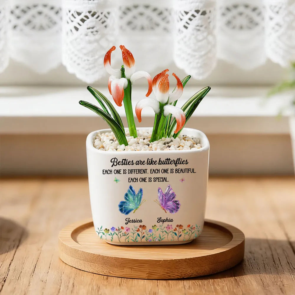 Besties Are Like Butterflies - Personalized Mini Glass Flower Pot - Gift For Sisters, Besties