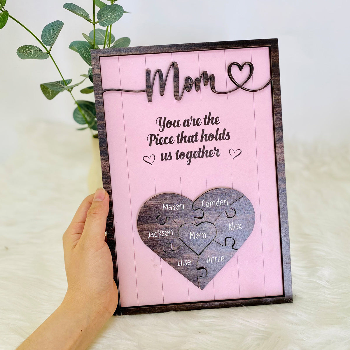 Personalized Puzzle Mom Sign Mother's Day, Love Heart Engrave With Pink Background, Gifts From Kids, Wooden Sign, Puzzle Pieces