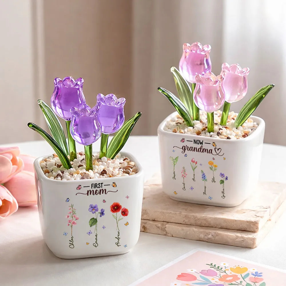 First Mom Now Grandma - Personalized Mini Glass Flower Pot - Gift For Grandma, Mom, Mother's Day Gift