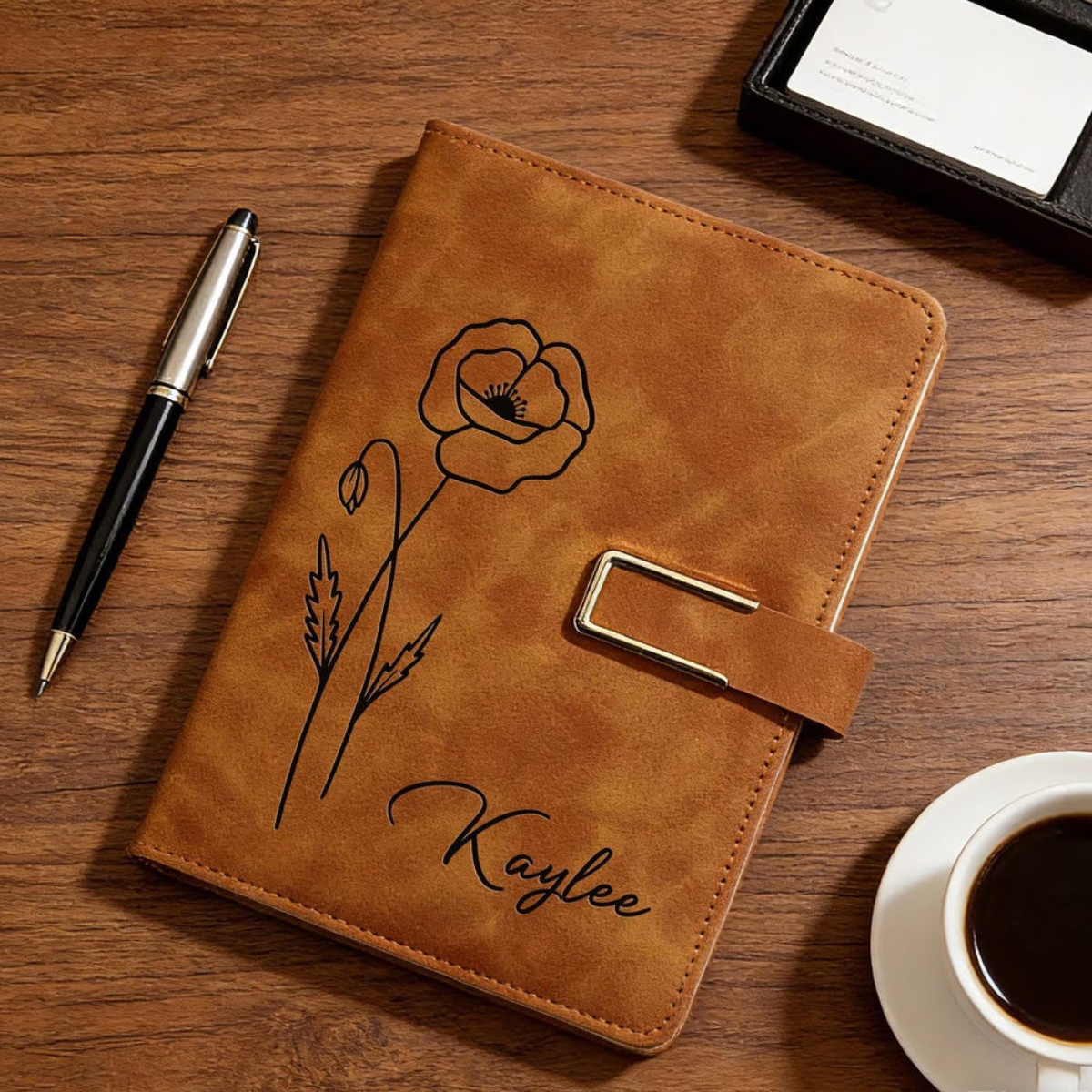 Birth Flower Leather Journal, Personalized Name Notebook Set, Graduation Gifts for Her, Gift For Daughter